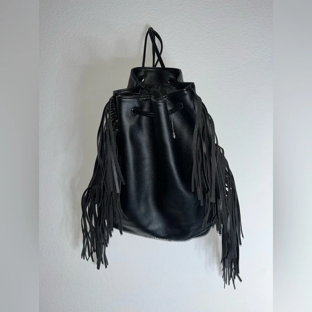 Victoria's Secret Fringe Bucket Bag Drawstring Black Faux Leather Large NWOT - Picture 12 of 16